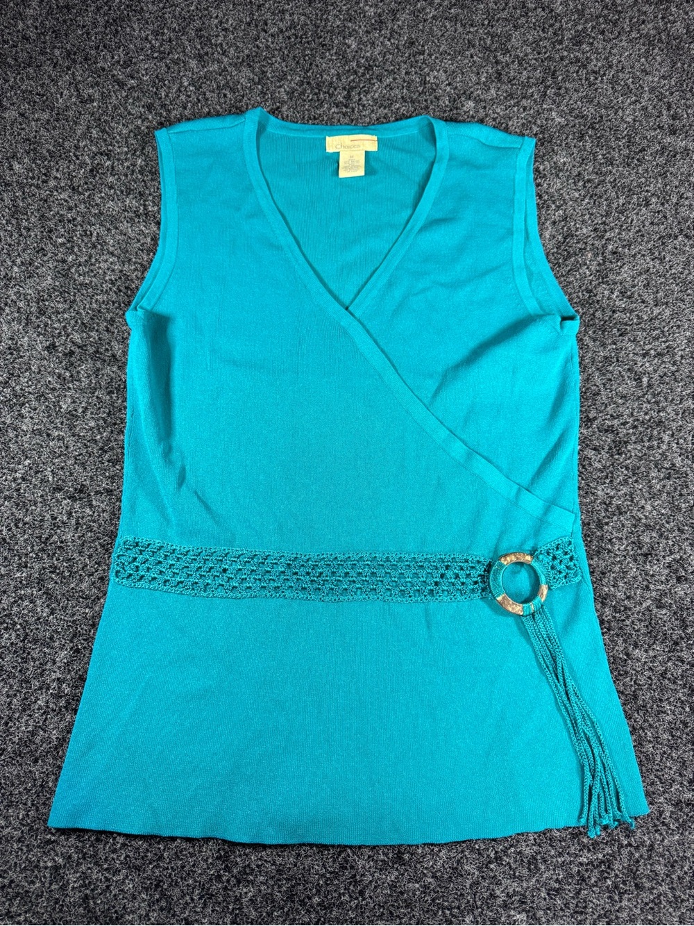 Vintage Y2K Choices Teal Sleeveless Wrap-Front Tank with Crochet Belt tassel